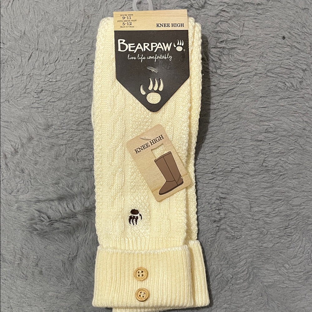 BearPaw Ivory Cable Knit Knee High Socks